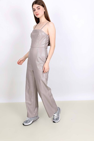 NİLİST Stone Colored Strap Leather Look Jumpsuit