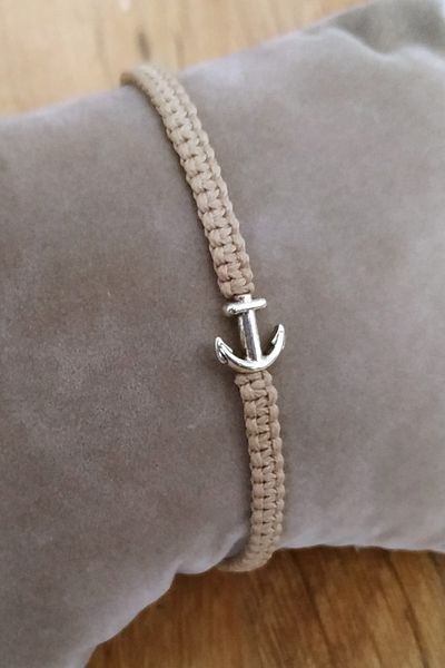 Qirpi Anchor Figured Macrame Bracelet Hand Knitted Beige Color 24 Cm
