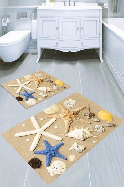 MODANOİVA Sand and Starfish Patterned 2-Piece Bath Mat (50x60 - 60x100)