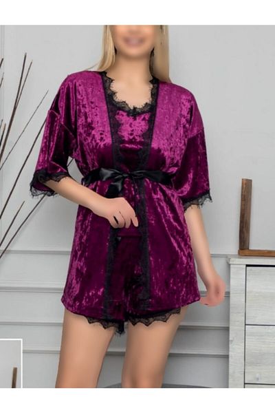 Altınay Velvet Janjan Triple Dressing Gown Set