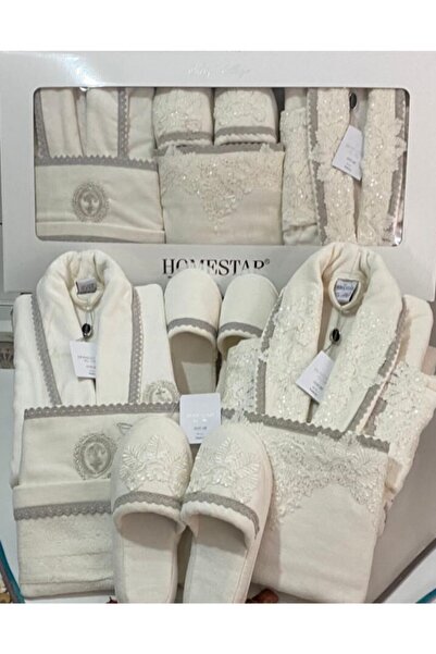 Homestar Velvet Line Pullu Meral Krem Krem Aile Bornoz Seti