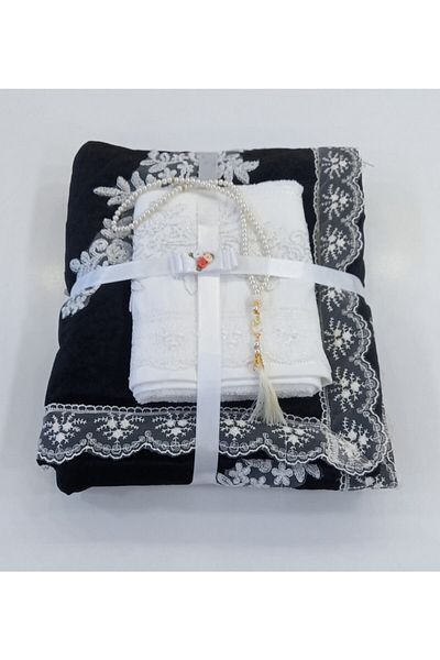 ceyizimdekor 3 Piece Black Velvet Prayer Rug Towel Rosary Bundle Set