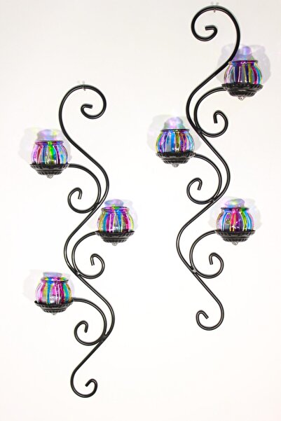 DOĞA HEDİYELİK HOME Ferforje Duvar Mumluğu Takımı 2 Adet 3 Er Camlı