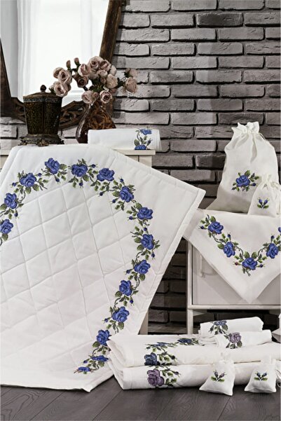 Minelya Home Collection Çeyizlik 5 Parça Kanaviçe Mavi Nakışlı Seccade Bohça Seti