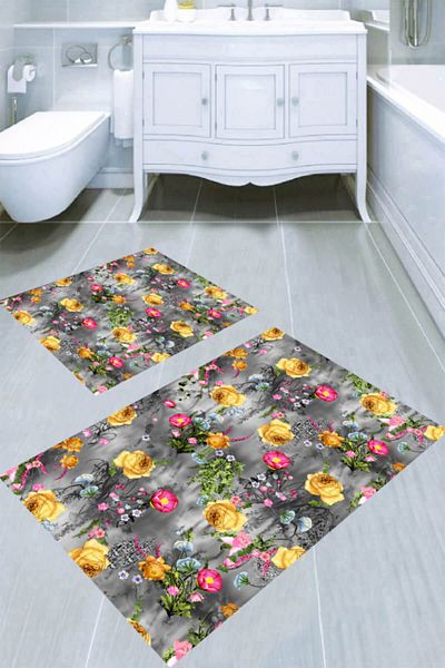MODANOİVA Steam Floor Colorful Floral Patterned 2-Piece Bath Mat (50x60 - 60x100)