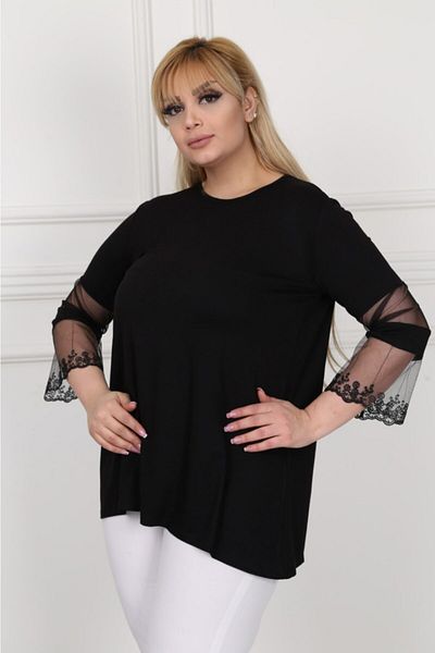 LİKRA Women's Black Plus Size Sleeve Tulle Detailed Viscose Blouse