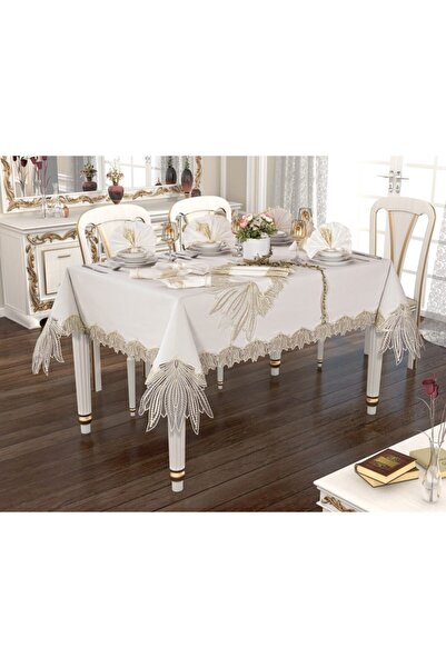 bursa çeyiz 26 Parça Linen Palmiye Fransız Dantelli Yemek Seti Kreme Gold