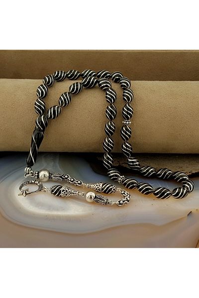Tesbihsepetim Fountain Nightingale Silver Embroidered Moon Star Model Erzurum Oltu Stone Rosary