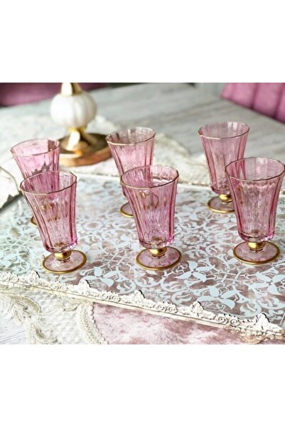 Paşabahçe Görümce Kristal 6'lı El Dekoru Altın Yaldızlı Pembe Lüster Gold Renkli Diamond Kahve Yanı Su Bardağı