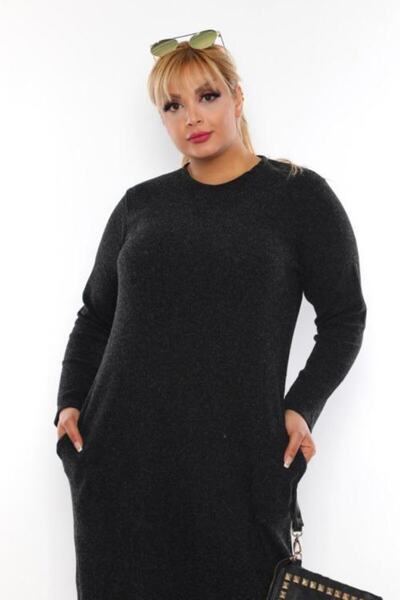 Şirin Butik Γυναικείο Μακρύ Φόρεμα Μαύρο Σπασμένο Καμισόλα Plus Size