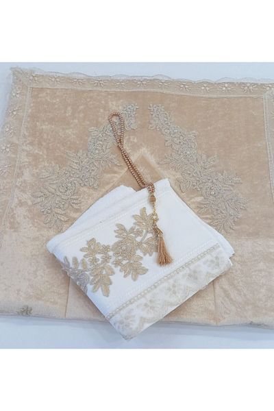 ceyizimdekor 3 Piece Velvet Prayer Rug Towel Rosary Bundle Set