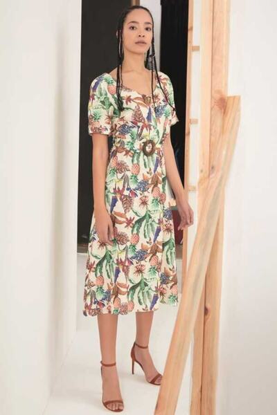 FEVER Εξωτικό εμπριμέ φόρεμα από 100% λινό