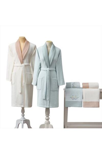 Taç Mitn Yeşili Ekru Pamuk Barbara Aile Bornoz Seti