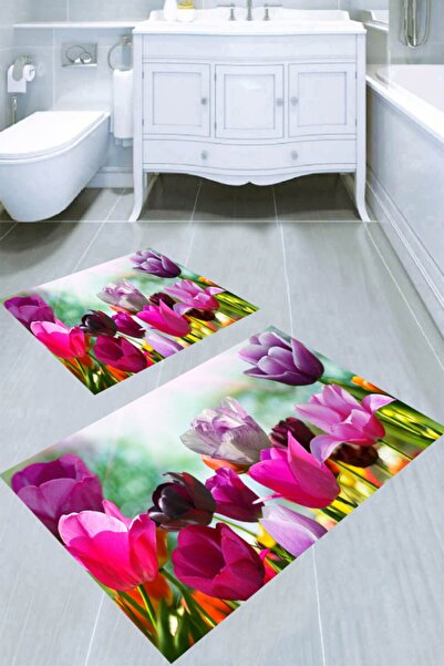 Resmiro Pembe Laleler Desenli 2'li Banyo Paspası (50x60 Cm - 60x100 Cm)