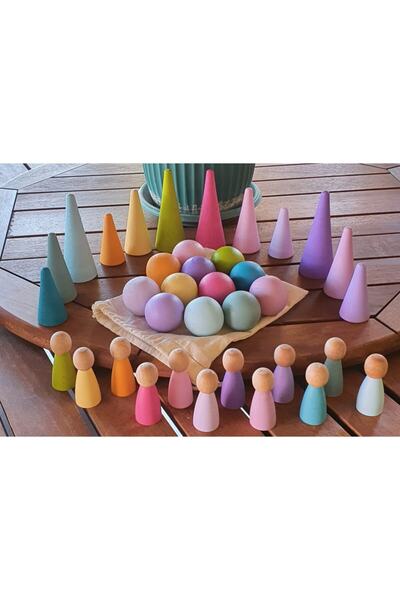 kırtkırt ahşap Waldorf Pastel Set 12'şerli - Pegler + Piramitler + Toplar