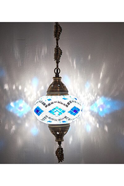 Demmex Mozaik Lamba Osmanlı Otantik Renkli Camlı El Yapımı Boho Sarkıt, Mavi Beyaz