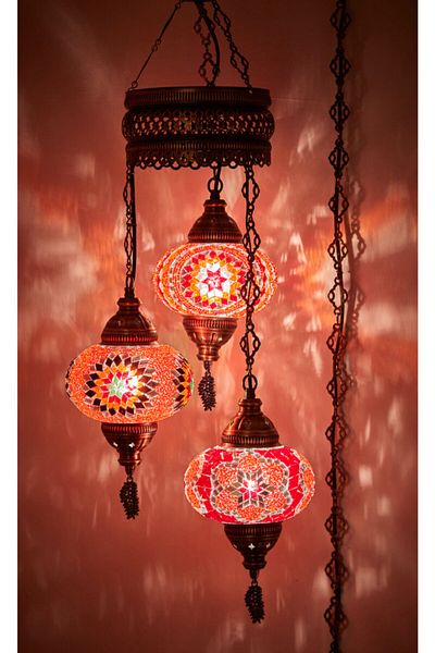 Demmex 3-Piece Authentic Ottoman Mosaic Colored Glass Pendant Chandelier, 3 Large Glass, Red