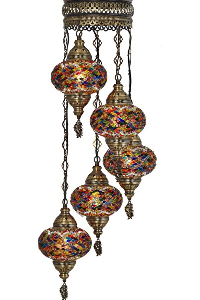 Demmex Mozaik Lamba 5'li Osmanlı Otantik Renkli Camlı El Yapımı Boho Sarkıt A...