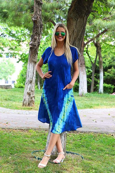 YILSOY TEKSTİL Γυναικείο μπλε μισό μανίκι V με σχέδιο Tie Dye φόρεμα 4137