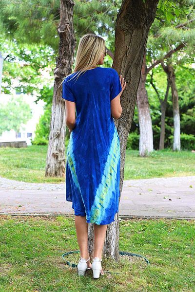 YILSOY TEKSTİL Γυναικείο μπλε μισό μανίκι V με σχέδιο Tie Dye φόρεμα 4137