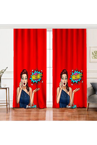 Realhomes Çift Kanat Kırmızı Zeminli Popart Wow Desenli Modern Salon Fon Perdesi