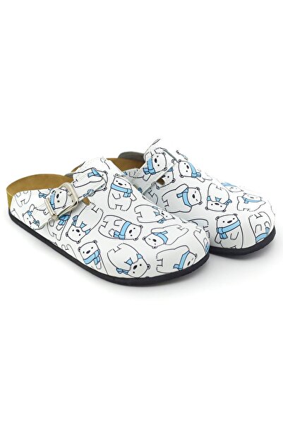 TERLİKSABO Beyaz Ayıcık Desenli Mantar Taban Sabo Terlik