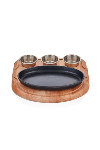 Kumsal Mutfak 23*14cm Oval Fajita Cast Iron + Trivets with Sauce Bowl