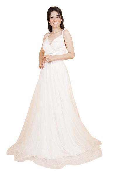 SpringStore Rochie de seara cu bretele decoltate ecru