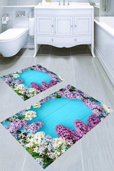 Resmiro Mavi Parke Ve Leylak Desenli 2li Banyo Paspası (50x60 Cm - 60x100 Cm)