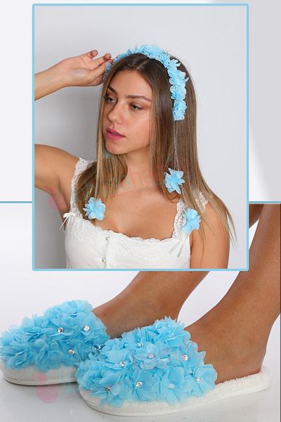 lohusahamile Lh23321 Blue Dangling Crown and Beylem Maternity Slippers Set