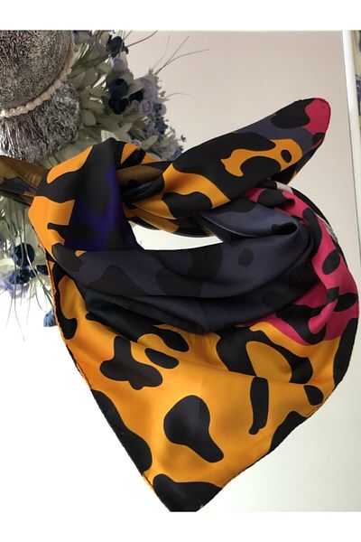 NFS BUTİK Multicolored Leopard Patterned Silk Satin Scarf