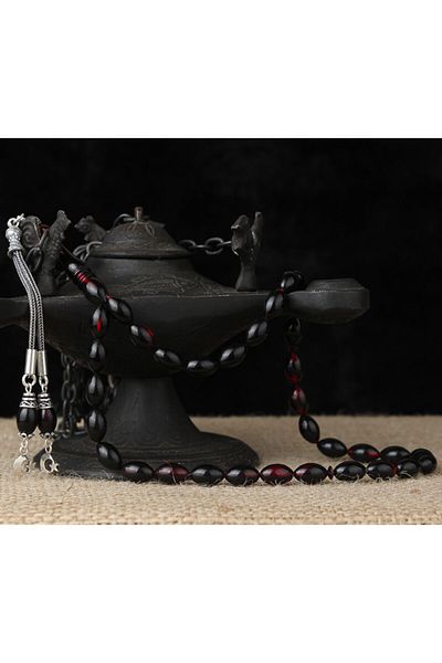 Tesbihsepetim Red and Black Rosary with Crescent and Silver Tassels