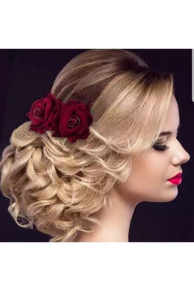 Evsay Çift Güllü Gelin Saç Tokası Bordo