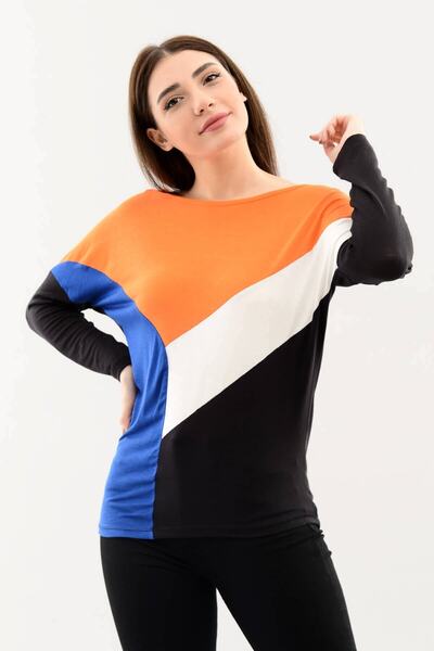 DressFine Bisiklet Yaka Renk Bloklu Uzun Kol Bluz Oranj-beyaz-saks-siyah