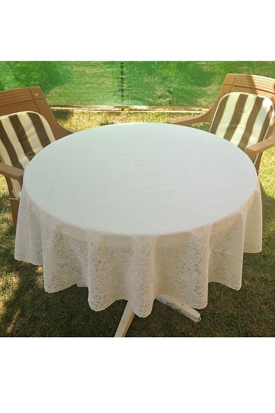 CLK Home White Lace Motif Oilcloth Round Tablecloth -(150 Cm)