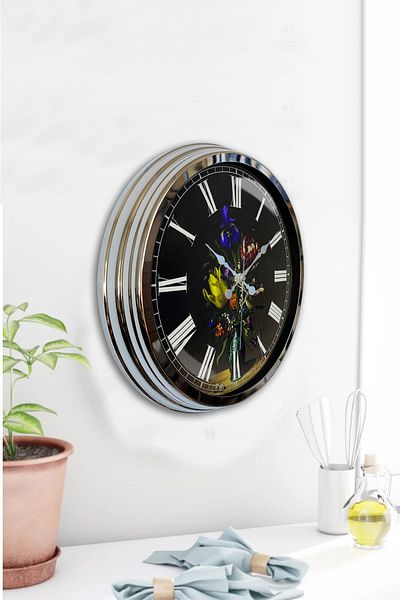 Kasva Concept Ceas de perete cu flori din metal cromat de 40 cm