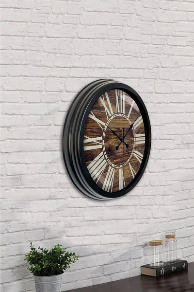 Kasva Concept Ceas de perete cu aspect de lemn din metal negru de 40 cm