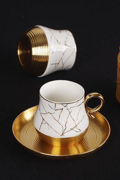 ACAR Liva Set of 6 White Marble Patterned Porcelain Cups - 10672