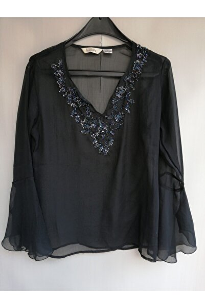 Butik Tülin Kadın Otantik Şifon Siyah El Işi Pul Boncuk Nakışlı Bluz