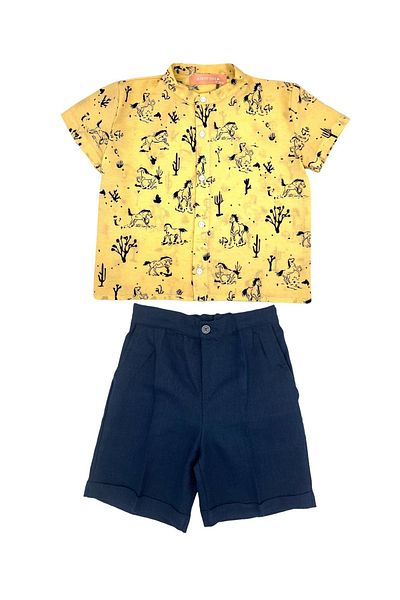 le petit sole Boy's Shirt Horse Patterned Bottom-Top Set