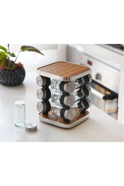 GÖNÜL Collection Wooden 12-Piece Glass Spice Rack with Rotating Stand
