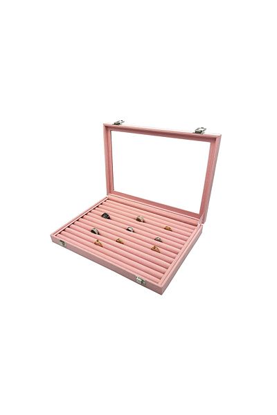 İmpala Kutu Ring Box Tray Pink Suede Sausage Ring Box with Glass Lid