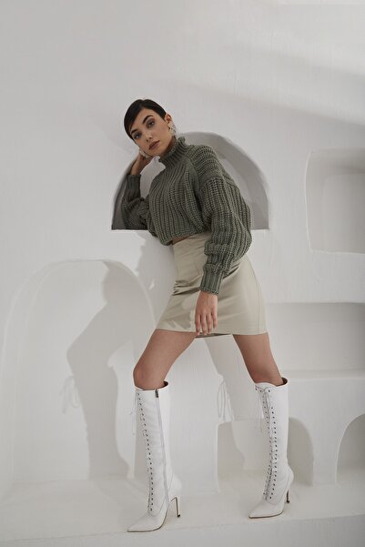 AYAKKABI PRENSİ Cizme Polly Lace Up White Matte 10 Cm, Cizme cu toc