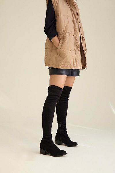 AYAKKABI PRENSİ Stretch Above Knee Stretch Black Suede 5 cm Γυναικείες Μπότες, Μπότες με τακούνι