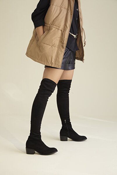 AYAKKABI PRENSİ Streç Diz Üstü Streç Siyah Suet 5 Cm Kadın Çizme, Topuklu Çizme