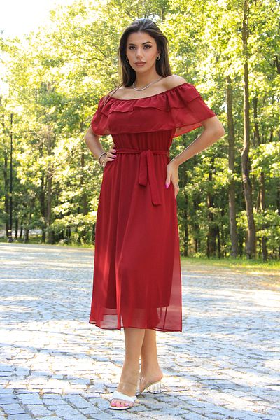 Neşeli Butik Rochie din șifon cu guler Carmen cu curea de sezon nou de damă Nb8060
