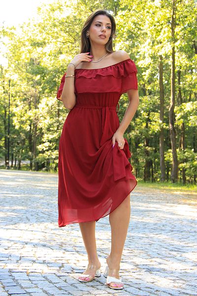 Neşeli Butik Rochie din șifon cu guler Carmen cu curea de sezon nou de damă Nb8060