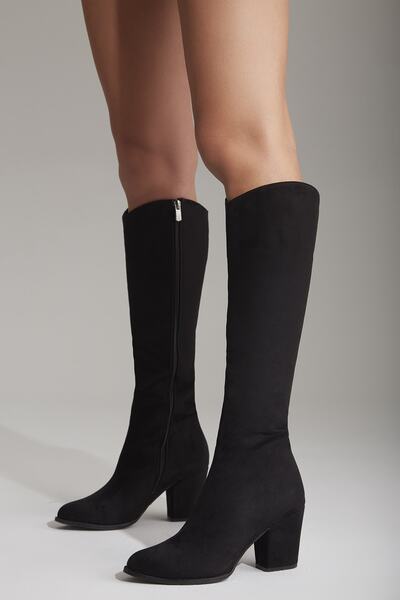 AYAKKABI PRENSİ Zeyna Siyah Suet 8 Cm Kadın Çizme, Topuklu Çizme Suet