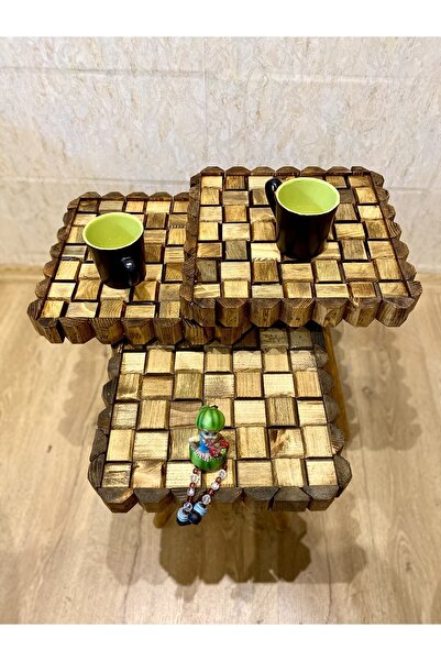 menalART Ağaç Tasarım Ağaç Zigon Üçlü Set Camsız Kare Masif Ahşap Sehpa Paris...