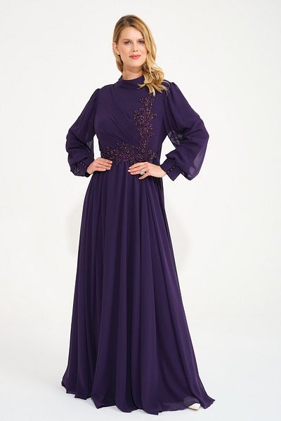 SpringStore Rochie de seara Hijab Brodata Pietra Mov